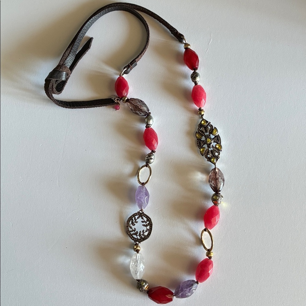 NWOT Lucky Brand Long Necklace Stones, Crystals, Beads Leather Tie Strap